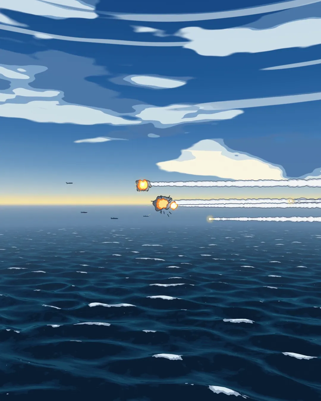 Interceptors streaking through a drone swarm over the sea, from STAND's film Smarter answers