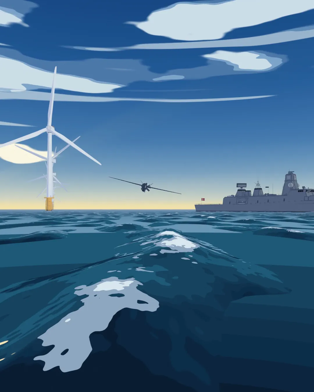 A drone and a frigate at an offshore wind farm, from STAND's film Real problems